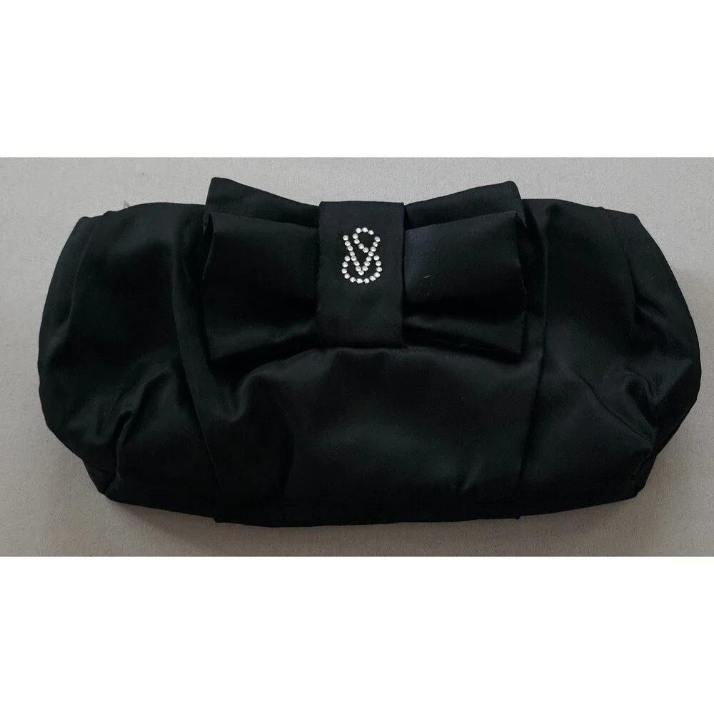 Victorias Secret Black Satin Bow Clutch Bag Rhinestone Embellished Evening Purse